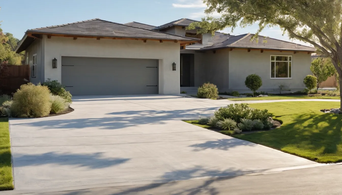 New concrete driveway being finished beside a stucco ranch home near Los Angeles