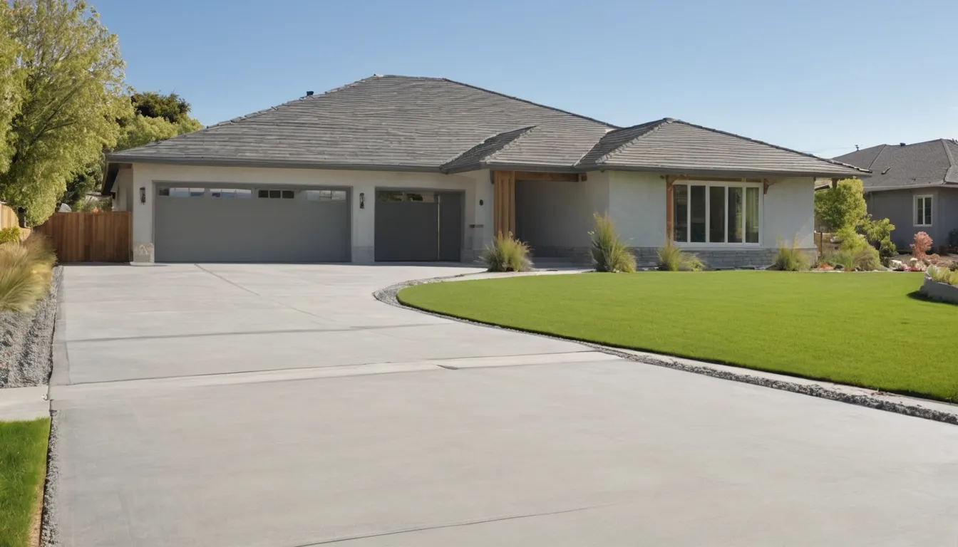 A freshly poured concrete driveway in front of a stucco ranch home in Los Angeles