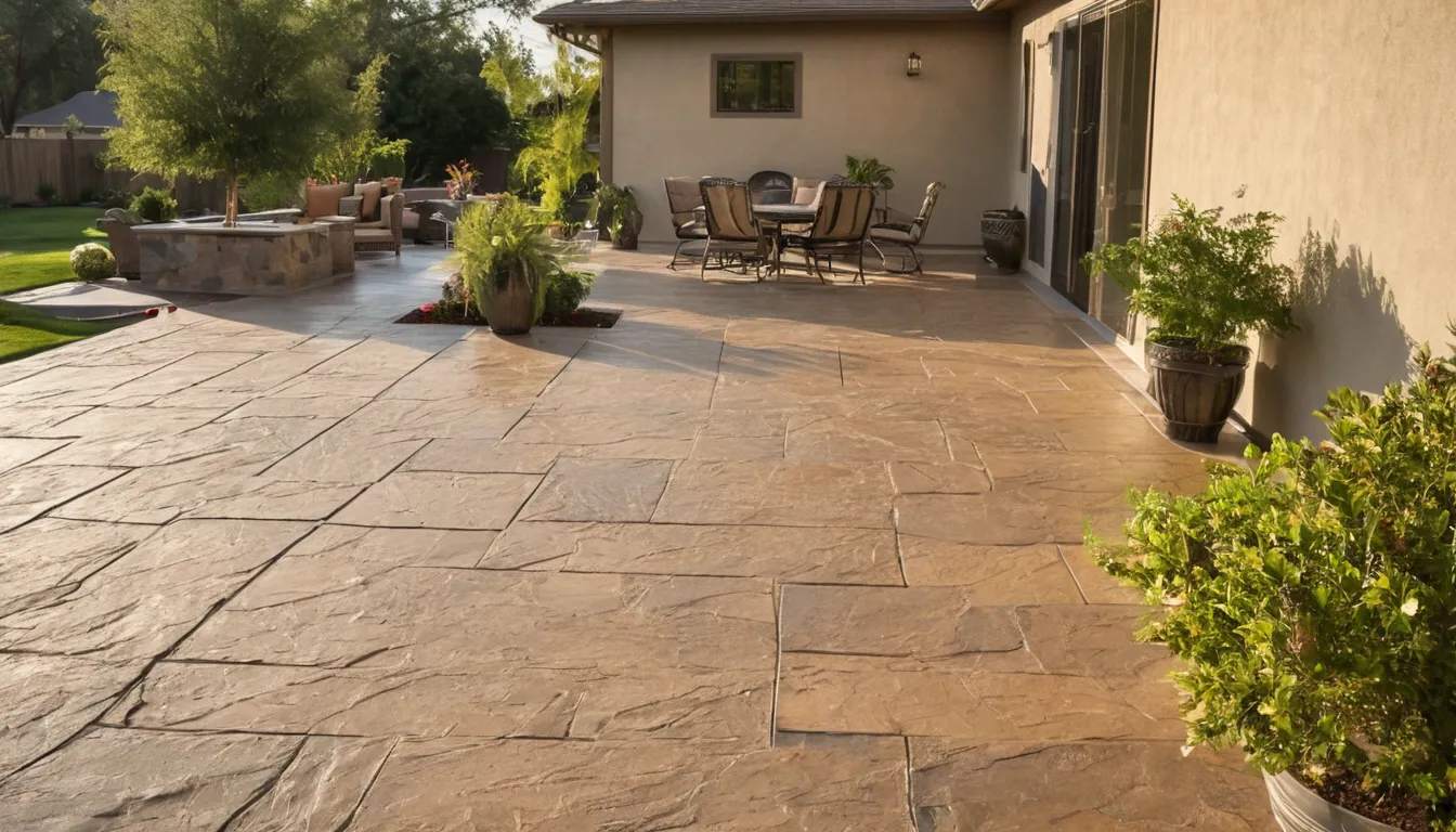Stamped concrete patio with a stone pattern behind a stucco home in the Los Angeles area